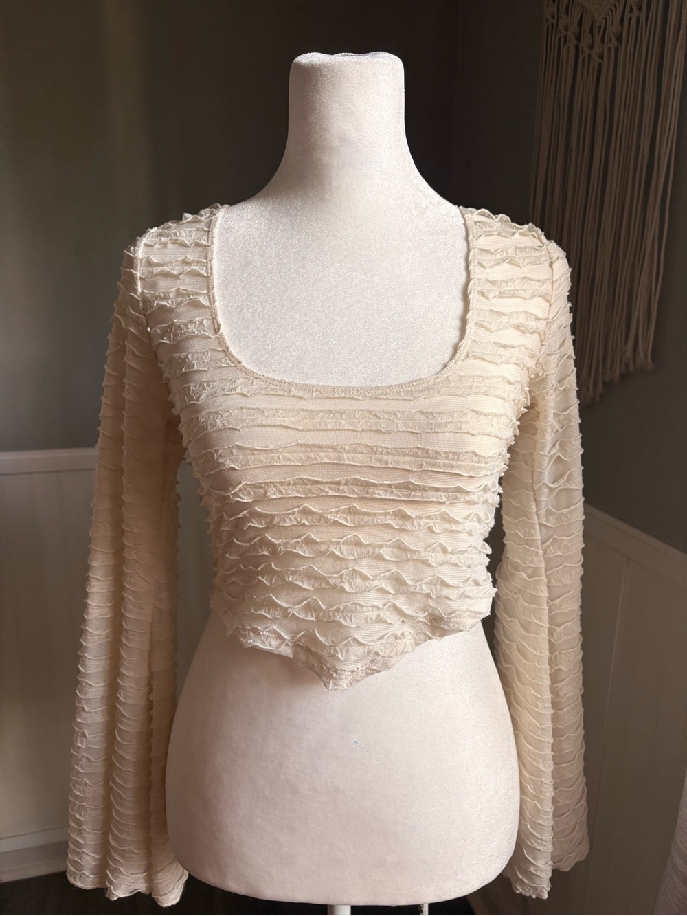 Cream Ruffle Long Sleeve Scoop Neck Top